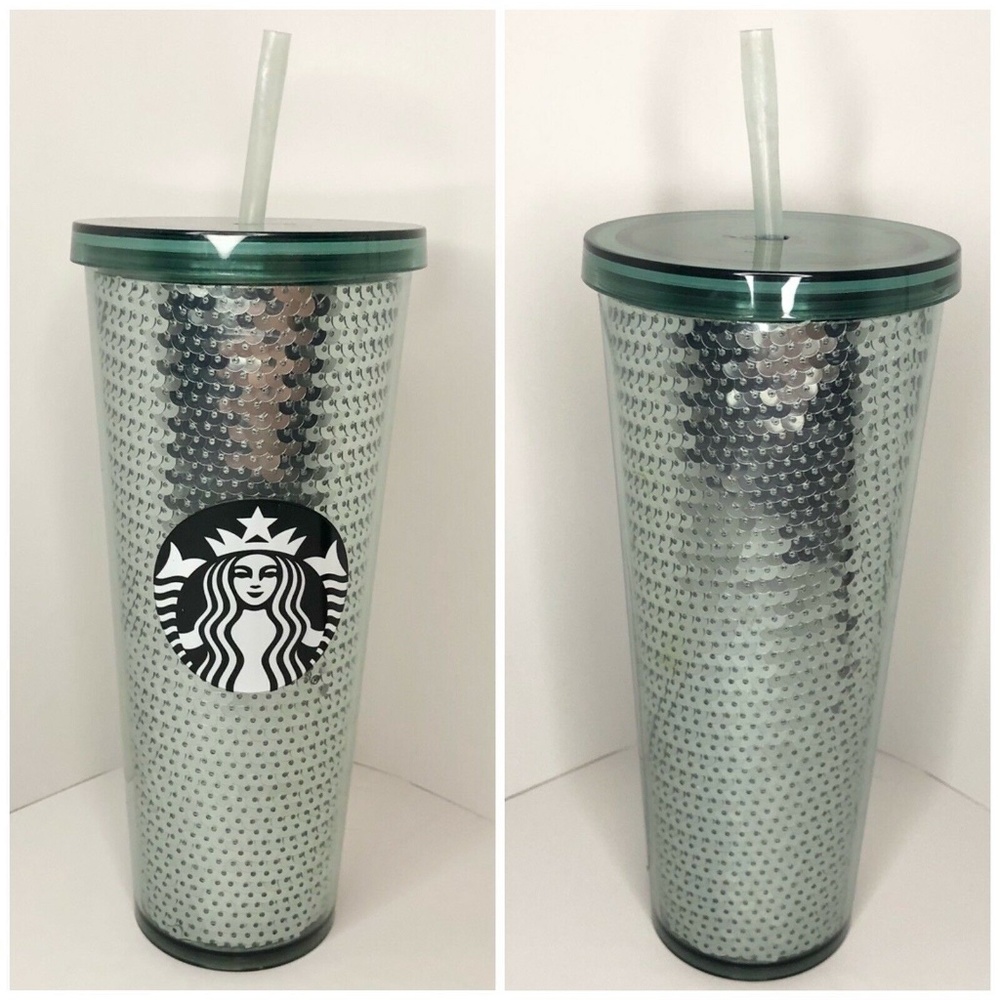 Starbucks Coffee 2017 Green Silver SEQUIN Venti 24 oz Tumbler Cold Coffee Cup